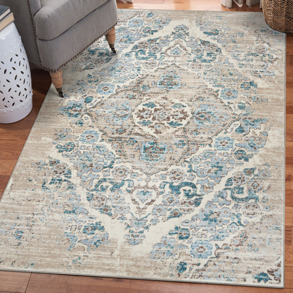 Bungalow Rose Mogos Oriental Area Rug in Cream/Teal/Beige & Reviews